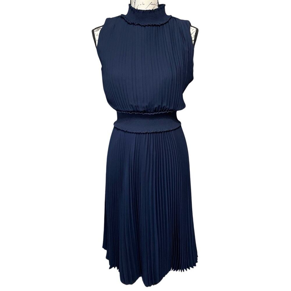Nanette Lepore Sleeveless Pleated Dress Size 6 Navy High Smocked Neck Waist NEW